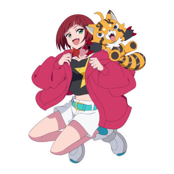 1girl anime_coloring black_shirt breasts brown_hair digimon digimon_beatbreak fang full_body green_eyes jacket jumping looking_at_viewer medium_hair multicolored_hair official_art orange_hair pristimon red_jacket sakuya_reina shirt shorts simple_background smile toei_company two-tone_hair white_background white_shorts