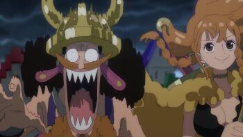 Rule 34 | 1girl, 2026, 20s, 3boys, alternate costume, alternate hairstyle, animated, annoyed, audible speech, bangle, black hair, black shirt, blonde hair, blue cape, blush, bracelet, braid, braided sidelock, breasts, brown eyes, cape, capelet, choker, cigarette, cleavage, clima-tact, close-up, closed mouth, collarbone, covering own mouth, crop top, crossed arms, earrings, fake beard, fake facial hair, fake horns, fake mustache, female focus, floating hair, fur-trimmed capelet, fur capelet, fur trim, giggling, green cape, green hair, helmet, holding, holding staff, holding weapon, horned helmet, horns, hugo lemonnier, japanese audio, jewelry, large breasts, laughing, long hair, multiple boys, multiple braids, nami (one piece), nami (one piece) (elbaf), necklace, official alternate costume, official alternate hairstyle, one piece, orange eyes, orange hair, pearl earrings, roronoa zoro, roronoa zoro (elbaf), sanji (one piece), sanji (one piece) (elbaf), scene reference, shirt, shoulder tattoo, smile, smug, sound, staff, storm cloud, sword, sword on back, tagme, tattoo, upper body, usopp, usopp (elbaf), video, weapon, weapon on back, white background, wind, yellow capelet