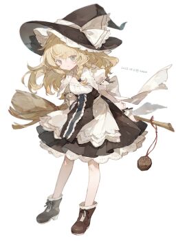 1girl arms_behind_back black_boots black_dress black_hat blonde_hair blue_eyes blue_ribbon boots bow braid broom closed_mouth commentary_request curiosities_of_lotus_asia dated dress full_body hat hat_bow hat_ribbon highres kirisame_marisa koiliblikas long_hair looking_at_viewer mini-hakkero puffy_short_sleeves puffy_sleeves ribbon short_sleeves side_braid simple_background smile solo touhou white_background white_bow white_ribbon witch_hat wrist_cuffs