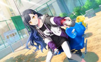 1girl black_hair black_shirt blue_hair can closed_mouth collarbone colorful_palette dutch_angle earrings game_cg gradient_hair graffiti green_eyes grey_hoodie hair_ornament hairclip highres holding holding_can hood hoodie jewelry long_hair looking_at_viewer multicolored_hair multicolored_hoodie official_art orange_eyes pants period_of_nocturne_(project_sekai) project_sekai purple_hoodie shiraishi_an shirt single_sidelock sitting smile solo sparkle star_(symbol) star_earrings star_hair_ornament third-party_source white_hoodie white_pants