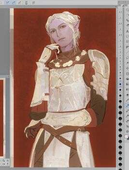 Rule 34 | 1girl, arm across waist, armor, art program in frame, baldur's gate, baldur's gate 3, blonde hair, breastplate, cowboy shot, dark elf, dungeons & dragons, dungeons &amp; dragons, elf, hand up, highres, jiangxing, looking at viewer, minthara, neck tattoo, pauldrons, pointy ears, red background, red eyes, short hair, shoulder armor, solo, standing, tattoo