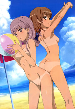 2girls absurdres armpits arms_up ass ass-to-ass back-to-back ball beach beach_umbrella beachball bikini_tan blue_ribbon blush breasts brown_eyes brown_hair cleft_of_venus closed_mouth completely_nude dark-skinned_female dark_skin dimples_of_venus feet_out_of_frame female_focus fingernails gluteal_fold hair_ornament hair_ribbon highres long_hair looking_at_viewer meigo_arisa misaka_mikoto multiple_girls navel nipples nude nude_filter ocean open_mouth outdoors outstretched_arms purple_eyes purple_hair pussy ribbon shiny_skin short_hair small_breasts smile standing stretching tan tanline tarou2 third-party_edit toaru_majutsu_no_index toaru_majutsu_no_index:_endymion_no_kiseki umbrella uncensored water