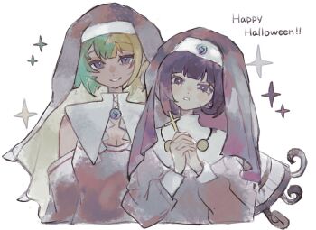 2girls alternate_costume aqua_hair blonde_hair breasts canari_(pokemon) chamopichamo cleavage cross dark-skinned_female dark_skin gwynn_(pokemon) halloween_costume hands_up happy_halloween highres holding holding_cross looking_at_viewer mega_stone multicolored_hair multiple_girls nintendo nun parted_lips pokemon pokemon_legends:_z-a purple_eyes purple_hair short_hair sparkle split-color_hair traditional_nun two-tone_hair wimple