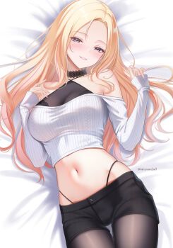 1girl akiyomi bed_sheet black_panties black_pantyhose black_shorts blonde_hair blush commentary_request cropped_sweater forehead gakuen_idolmaster hair_spread_out highleg highleg_panties highres idolmaster juo_sena long_hair long_sleeves looking_at_viewer lying navel on_back panties pantyhose pantyhose_under_shorts ribbed_sweater see-through_cleavage see-through_clothes short_shorts shorts smile solo stomach sweater twitter_username underwear very_long_hair white_sweater