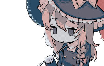 1girl braid brown_theme buttons closed_mouth commentary_request cookie_(touhou) empty_eyes expressionless frilled_hat frills halftone hat highres holding holding_umbrella kirisame_marisa long_hair melanin_shikiso monochrome muted_color rei_(cookie) side_braid simple_background single_braid solo touhou umbrella upper_body white_background witch_hat