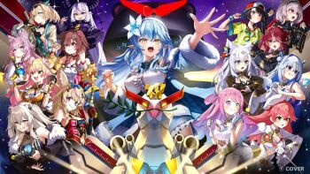 6+girls :d ahoge amane_kanata angel_wings animal_ears aqua_eyes backwards_hat baseball_cap beret black_corset black_dress black_gloves blonde_hair blue_bow blue_bowtie blue_coat blue_eyes blue_hair blue_skirt bow bowtie braid braided_bun breasts brown_eyes brown_hair center_frills closed_mouth coat colored_inner_hair commentary_request copyright_name corset crossed_bangs dog_girl double-parted_bangs double_bun double_fox_shadow_puppet dress dual_wielding flower fox_ears fox_girl fox_shadow_puppet frilled_shirt frilled_skirt frills fur-trimmed_coat fur_trim gloves gradient_hair green_eyes grey_eyes grey_hair grin gun hair_between_eyes hair_bun hair_flower hair_ornament hakui_koyori hakui_koyori_(1st_costume) hand_up hat heart heart_ahoge heterochromia himemori_luna holding holding_gun holding_weapon hololive holox horns houshou_marine inugami_korone inugami_korone_(1st_costume) kazama_iroha kazama_iroha_(1st_costume) kito_koruta la+_darknesss la+_darknesss_(1st_costume) large_breasts lion_ears lion_girl long_hair magical_girl mahou_shoujo_holowitch! medium_hair mini_wings miniskirt momosuzu_nene momosuzu_nene_(1st_costume) multicolored_hair multiple_girls off_shoulder official_alternate_costume official_art omaru_polka omaru_polka_(1st_costume) oozora_subaru oozora_subaru_(1st_costume) open_mouth outstretched_arm pink_hair plaid_bow plaid_bowtie plaid_clothes pointy_ears ponytail purple_eyes purple_hair red_eyes red_hair sakura_miko shirakami_fubuki shirogane_noel shirogane_noel_(1st_costume) shirt shishiro_botan shishiro_botan_(1st_costume) short_hair side_braid side_braids skirt sleeveless sleeveless_shirt smile snowflake_hair_ornament streaked_hair underbust very_long_hair virtual_youtuber weapon white_dress white_gloves white_hair white_hat white_shirt white_wings wings wolf_ears yellow_eyes yukihana_lamy yukihana_lamy_(1st_costume) yukimin_(yukihana_lamy)