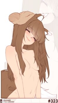 1girl absurdres animal_ear_fluff animal_ears artist_name blunt_bangs blush breasts brown_hair closed_eyes closed_mouth commentary completely_nude convenient_hair disembodied_hand english_commentary fang fang_out hair_over_breasts head_tilt headpat highres holo likunea long_hair navel nude patreon_logo patreon_username sidelocks simple_background small_breasts smile solo_focus spice_and_wolf tail twitter_username twitter_x_logo white_background wolf_ears wolf_girl wolf_tail zoom_layer