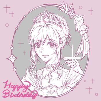 Rule 34 | 1girl, armor, baozilaojing, breastplate, brown eyes, bubble, chinese commentary, collarbone, commentary, commentary request, detached collar, dress, english commentary, english text, grey background, hair bun, happy, happy birthday, highres, holding, holding sword, holding weapon, infinity nikki, lace collar, light blush, looking at viewer, melody bloom (infinity nikki), mixed-language commentary, monochrome, nikki (nikki), nikki (series), parted lips, pink background, pink theme, rapier, short hair with long locks, short sleeves, sidelocks, single hair bun, smile, solo, sparkle, spot color, sword, two-tone background, updo, upper body, wavy hair, weapon