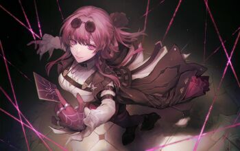 1girl black_boots black_coat boots breasts card coat collared_shirt commentary_request eyewear_on_head full_body gensou_aporo gloves hair_between_eyes high_heel_boots high_heels highres holding holding_card honkai:_star_rail honkai_(series) kafka_(honkai:_star_rail) large_breasts long_hair long_sleeves looking_at_viewer open_clothes open_coat parted_lips pink_eyes pink_hair purple_gloves shirt smile solo standing sunglasses white_shirt