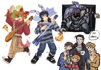 Rule 34 | 2girls, 3boys, abaddon (haunted hotel), animal ears, blue eyes, blue shirt, bonnie (fnaf), bonnie (fnaf) (cosplay), boots, commentary, cosplay, crawling, electric guitar, english commentary, esther freeling, eyepatch, fake animal ears, fake tail, five nights at freddy's, food, fox ears, fox tail, foxy (fnaf), foxy (fnaf) (cosplay), glowing, glowing eyes, guitar, haunted hotel, highres, holding, holding guitar, holding instrument, instrument, jacket, katherine freeling, long hair, multiple boys, multiple girls, nathan freeling, orange eyes, orange hair, pizza, priest (haunted hotel), purple hair, rabbit ears, red jacket, repeeksdnuorg, shaded face, shirt, short hair, striped clothes, striped shirt, tail, ventilation shaft, white background