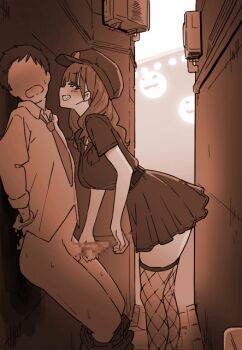 1boy 1girl alley animated animated_gif arms_behind_back assertive_female bdsm blush bondage bound bound_wrists censored cuffs cum cum_on_body cum_on_hands faceless faceless_male femdom fishnet_thighhighs fishnets forced_orgasm grin halloween halloween_costume handcuffed handcuffs handjob hat heavy_breathing kagamine_594 lantern mosaic_censoring necktie police police_hat police_uniform policewoman silhouette smile stealth_handjob stealth_sex thighhighs