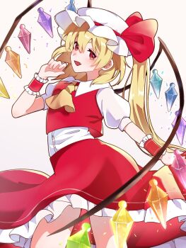 1girl ascot blonde_hair commentary_request crystal_wings fang flandre_scarlet frilled_skirt frilled_wrist_cuffs frills hat highres looking_at_viewer mob_cap mochip_0 open_mouth puffy_short_sleeves puffy_sleeves red_eyes red_skirt red_wrist_cuffs short_sleeves side_ponytail simple_background skirt solo touhou white_background white_hat wings wrist_cuffs yellow_ascot