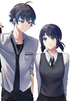 1boy 1girl ahoge arms_behind_back backlighting belt black_hair black_nails black_necktie black_pants blue_eyes blue_hair breasts brown_belt closed_mouth collared_shirt commentary_request cowboy_shot earrings eye_contact gradient_hair grey_sweater_vest hair_between_eyes hand_in_pocket hand_up highres i.no jewelry long_sleeves looking_at_another low_twintails luka_couffaine male_focus marinette_dupain-cheng miraculous_ladybug multicolored_hair nail_polish necktie pants pocket school_uniform shirt short_hair short_twintails simple_background single_hair_intake small_breasts smile standing stud_earrings sweater_vest swept_bangs three-quarter_sleeves twintails two-tone_hair very_short_hair white_background white_shirt