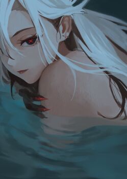 1girl absurdres arlecchino_(genshin_impact) black_eyes black_hair black_hands colored_extremities genshin_impact haruhachiya highres multicolored_hair red_pupils solo streaked_hair symbol-shaped_pupils upper_body white_hair x-shaped_pupils