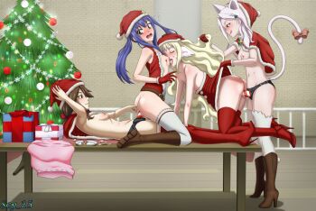 4girls absurdres all_fours anal anal_fingering animal_ears artist_name ass bauble bell belt belt_buckle bent_over blonde_hair blue_hair blush boots bow box breasts brown_eyes brown_footwear brown_hair buckle capelet cat_ears cat_hair_ornament cat_tail charle_(fairy_tail) christmas christmas_lights christmas_ornaments christmas_present christmas_tree closed_eyes clothes_lift collarbone dildo dimples_of_venus doggystyle dress dress_lift drooling eyelashes fairy_tail female_focus fingering fingering_from_behind from_side full_body fur-trimmed_boots fur-trimmed_capelet fur-trimmed_dress fur-trimmed_gloves fur-trimmed_headwear fur_trim gift gift_box girl_on_top gloves grabbing_another's_hair green_eyes groin group_sex hair_bow hair_ornament half-closed_eyes hand_on_another's_head hand_on_own_head hat head_wings high_heel_boots high_heels highres holding_another's_hair indoors knee_boots kneeling licking licking_breast licking_lips loli long_hair looking_at_another looking_back lying mavis_vermilion multiple_girls naughty_face navel nipples object_insertion on_back on_table open_clothes open_mouth pom_pom_(clothes) profile pussy_juice red_bow red_footwear red_heels red_legwear santa_boots santa_costume santa_gloves santa_hat scy25 scy_25 sex sex_from_behind sex_toy shiny_skin shoe_soles shoes small_breasts smile spread_legs standing stiletto_heels straddling strap-on strappy_heels surprised table tail tail_bow tail_ornament thigh_boots thighhighs tongue tongue_out twintails vaginal vaginal_object_insertion wendy_marvell white_hair white_legwear wings wooden_floor yuri zera_(fairy_tail)