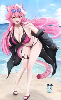 1girl :d absurdres animal_ear_fluff animal_ears beach bikini black_bikini black_jacket blue_sky bluetopaz1049 breasts cat_ears cat_girl cat_tail chattino_(raora_panthera) cleavage cloud day eyewear_on_head fang floating_hair full_body hair_intakes highres hololive hololive_english jacket large_breasts layered_bikini leaning_forward long_hair looking_at_viewer navel ocean off_shoulder open_mouth outdoors pink_hair raora_panthera raora_panthera_(holonatsu_paradise) sky smile standing stomach sunglasses swimsuit tail thigh_strap very_long_hair virtual_youtuber yellow_eyes