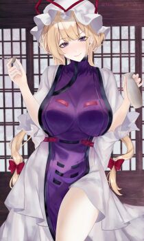 Rule 34 | 1girl, absurdres, blonde hair, blush, breasts, choko (cup), closed mouth, commentary, cup, dress, drunk, hair ribbon, highres, holding, holding cup, indoors, large breasts, long hair, minamo kyoka, purple eyes, purple tabard, ribbon, side slit, smile, solo, tabard, thighs, tokkuri, touhou, twitter username, white dress, yakumo yukari