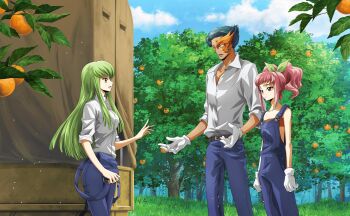 1boy anya_alstreim artist_request blue_hair blush breasts c.c. code_geass code_geass:_lost_stories food fruit game_cg gloves green_hair highres jeremiah_gottwald long_hair medium_breasts non-web_source official_art orange_(fruit) pink_hair ponytail red_eyes shirt short_hair white_gloves white_shirt yellow_eyes