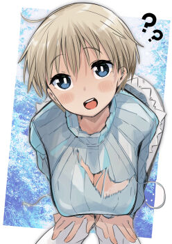 1girl :d ? blonde_hair blue_background blue_eyes blue_sweater blush border bra brave_witches breasts cleavage hair_between_eyes hands_on_own_thighs highres lace lace-trimmed_bra lace_trim large_breasts leaning_forward leggings long_sleeves looking_at_viewer nikka_edvardine_katajainen open_mouth pegina ribbed_sweater short_hair smile snowflake_print solo strike_witches sweater teeth torn_clothes torn_sweater turtleneck underwear upper_body upper_teeth_only white_border white_bra white_leggings world_witches_series
