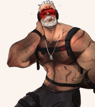 1boy arm_behind_back arm_hair bara bare_pectorals beard blush chest_hair chris_sdd connected_beard cross_scar dog_tags embarrassed facial_hair hand_on_own_neck harness highres male_focus mature_male multiple_scars muscular muscular_male old old_man overwatch overwatch_2 pants pectorals red_visor scar short_hair signature simple_background soldier:_76_(overwatch) white_background white_hair
