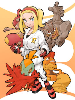 1girl black_shirt blonde_hair blue_eyes clenched_hand closed_mouth commentary_request fingerless_gloves gen_1_pokemon gen_3_pokemon gen_5_pokemon gen_6_pokemon gloves hairband hawlucha highres holding holding_poke_ball jacket josee_(pokemon) machamp medicham nintendo pants poke_ball pokemon pokemon_(creature) pokemon_legends:_z-a red_hairband red_shoes scrafty shirt shoes sidelocks smile standing sunz_1 white_jacket white_pants