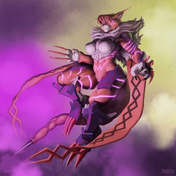 +_+ 10s 1girl absurdres armor armored_boots boots breasts claws digimon digimon_adventure_tri. fangs fur_collar furry glowing glowing_eyes glowing_markings greasymojo highres meicrackmon_vicious_mode navel neon_trim nipples no_pussy red_eyes sharp_nails tail