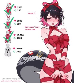 1girl black_hair blush breasts colored_inner_hair commentary ellen_joe english_commentary english_text fins fish_tail hair_ribbon highres large_breasts looking_at_viewer mole mole_under_eye multicolored_hair naked_ribbon navel open_mouth pink_hair qiandaiyiyu restrained ribbon shark_girl shark_tail sharp_teeth short_hair solo tail teeth twitter_strip_game twitter_strip_game_parody white_background zenless_zone_zero