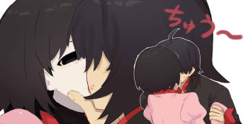 1boy 1girl absurdres ahoge araragi_koyomi black_hair cheek_pinching french_kiss hetero highres kiss monogatari_(series) naoetsu_high_school_uniform oshino_ougi pinching school_uniform tsugumi_(tgm_615486)