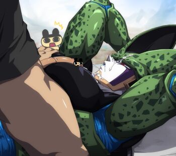 Rule 34 | 2boys, arena, arms behind head, arms up, between pecs, between pectorals, black skin, black wings, blue skin, blue tongue, brick floor, cell (dragon ball), censored, colored skin, colored tongue, commentary, cum, cum on body, cum on chest, cum on chin, cum on male, cum on pectorals, cum on tail, cum on upper body, dragon ball, dragonball z, facial, foreskin, green skin, hand on another's chest, looking at penis, lying, male focus, multicolored skin, multiple boys, oguri shun, on back, on floor, parted lips, pecjob, pectoral grab, pectorals, penis, penis between pecs, perfect cell, purple skin, red eyes, sitting, sitting on person, solo focus, spots, upper body, white skin, wings, yaoi, yellow skin