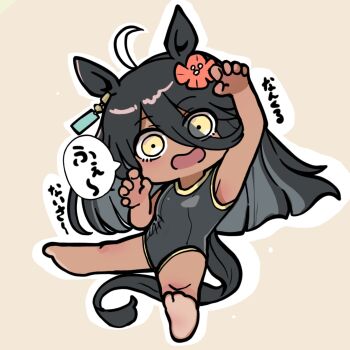 1girl animal_ears arm_up armpits bare_arms bare_legs bare_shoulders barefoot black_hair black_one-piece_swimsuit brown_background brown_eyes chibi commentary_request flower full_body hair_between_eyes hair_flower hair_ornament highres horse_ears horse_girl horse_tail kawamochi_(kawauti919) long_hair manhattan_cafe_(umamusume) multicolored_hair one-piece_swimsuit open_mouth outline red_flower soles solo spread_legs swimsuit tail tan translation_request two-tone_hair umamusume very_long_hair white_hair white_outline