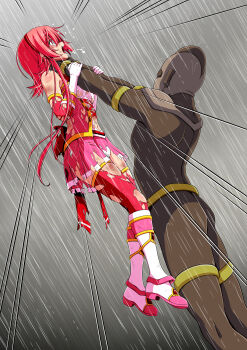 1boy 1girl absurdres abuse arms_up asphyxiation back_bow battle beaten blush body_blush bodysuit boots bow breasts brown_bodysuit brown_helmet bruise bruise_on_arm bruise_on_face bruise_on_leg bruise_on_stomach character_request clover_rose collared_dress constricted_pupils detached_sleeves dirty dirty_clothes dress elbow_gloves emphasis_lines feet_out_of_frame fighting from_side full_body gloves hairband hands_on_another's_arms hands_on_another's_neck hanging_legs height_difference helmet highres huge_bow immobilization injury knee_boots koeda0111 lace lace-trimmed_dress lace_trim lifting_person long_sidelocks magical_girl miniskirt multicolored_footwear multicolored_skirt navel neck_lift open_mouth original outdoors pain panties pantyshot peril pink_boots pink_dress pink_eyes pink_gloves pink_hair pink_skirt pink_sleeves pink_thighhighs pleated_skirt profile rain red_bow red_hairband ryona saliva scratches short_dress short_hair_with_long_locks skirt sleeveless sleeveless_dress slim_legs small_breasts storm strangling struggling tall_male thighhighs torn torn_clothes torn_dress torn_skirt torn_thighhighs underwear utsugi_chisaki very_long_sidelocks violence wet wide-eyed yotsuba_no_senki_clover_rose zettai_ryouiki