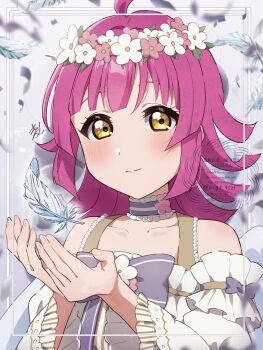 1girl absurdres ahoge balloon birthday blush collarbone confetti feathers flower hair_flower hair_ornament highres kyaku_tasu looking_at_viewer love_live! love_live!_nijigasaki_high_school_idol_club medium_hair pink_hair signature solo tennoji_rina upper_body watermark white_feathers yellow_eyes