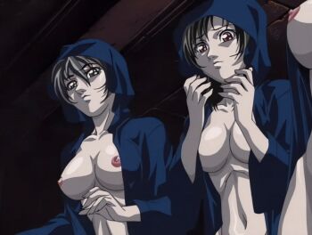 00s 2002 3girls animated animated_gif basement bible_black bible_black_gaiden bouncing_breasts breasts brown_hair cloak green_eyes green_hair kozono_nami large_breasts lipstick makeup morita_rie multiple_girls nipples purple_hair ritual robe shido_saki short_hair tagme twintails yellow_eyes