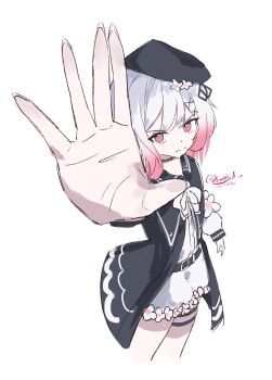 1girl absurdres artist_name beret black_hat commentary_request cross_ornament flower flower-trimmed_sleeves gradient_hair hair_flower hair_ornament hat hat_flower highres kevin3rd long_sleeves looking_at_viewer mahou_shoujo_no_majo_saiban multicolored_hair outstretched_hand pink_eyes pink_hair puffy_sleeves sakuraba_ema short_hair signature simple_background solo thigh_strap white_background white_flower white_hair x_hair_ornament