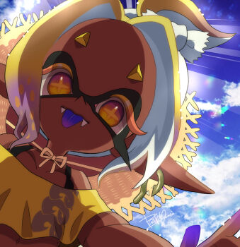 1girl :p blonde_hair blue_sky bra_strap closed_mouth colored_extremities colored_eyelashes colored_tongue commentary_request crop_top cross-shaped_pupils dark-skinned_female dark_skin earrings fangs fangs_out fish_hook_earrings frye_(splatoon) frye_(splatoon_raiders) gradient_eyes gradient_hair hairband hat hat_on_back inkling isamu-ki_(yuuki) jewelry long_eyelashes long_pointy_ears looking_at_viewer medium_hair midriff multicolored_eyes multicolored_hair navel nintendo off-shoulder_shirt off_shoulder official_alternate_costume official_alternate_hairstyle parted_bangs pointy_ears ponytail purple_eyes purple_hair purple_tongue shirt short_ponytail sky solo splatoon_(series) splatoon_raiders straw_hat symbol-shaped_pupils tentacle_hair tongue tongue_out two-tone_eyes white_hairband yellow_eyes yellow_hat yellow_pupils yellow_shirt