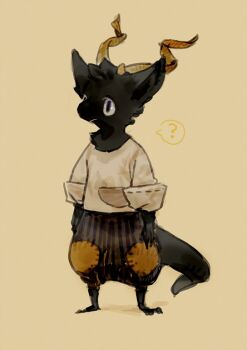 1other ? baggy_pants black_fur black_pants body_fur commentary_request full_body furry grey_eyes horns multiple_horns nagabe original pants patchwork_clothes shirt simple_background solo spoken_question_mark tail yellow_background