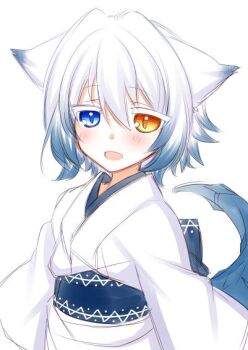 Rule 34 | 1girl, :d, animal ears, blue eyes, blush, commentary request, female focus, heterochromia, japanese clothes, kimono, konshin, long sleeves, looking at viewer, obi, open mouth, orange eyes, orie hakua, original, sash, simple background, smile, solo, tail, white background, white kimono, wide sleeves