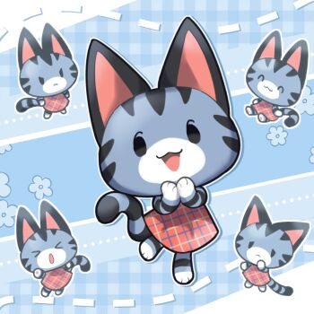 &gt;_&lt; 1girl :3 :d :o ^_^ angry animal_crossing animal_ears black_eyes blue_background cat_ears cat_girl cat_tail closed_eyes closed_mouth commentary dotted_line dress english_commentary flower_symbol frown furry furry_female hands_up happy highres leg_up lolly_(animal_crossing) looking_at_viewer loveycloud multiple_views nintendo open_mouth own_hands_together plaid_background red_dress sad sleeveless sleeveless_dress smile standing standing_on_one_leg tail
