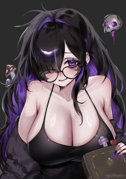 absurdres black-framed_eyewear black_background black_cardigan black_hair book breasts cardigan cardigan_partially_removed colored_inner_hair commentary dress english_commentary floating_skull glasses goddess_of_victory:_nikke gumae hand_on_book highres label_(nikke) mole mole_on_breast multicolored_hair mushroom nervous_smile purple_eyes purple_hair purple_streaks simple_background smile sweat taut_clothes taut_dress