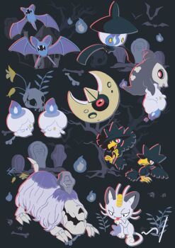alolan_form alolan_meowth bat_(animal) bird black_eyes black_sclera bone bright_pupils colored_sclera duskull fangs fire gen_1_pokemon gen_2_pokemon gen_3_pokemon gen_5_pokemon gen_7_pokemon greavard highres lampent leaf licking litwick lunatone murkrow nessiesu nintendo no_humans pokemon pokemon_(creature) purple_fire red_eyes skeleton skull tombstone tree white_pupils wings yellow_eyes zubat