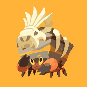 bone claws commentary_request crustle free_butterfree full_body gen_5_pokemon highres looking_up nintendo no_humans open_mouth pokemon pokemon_(creature) pokemon_focus simple_background solo standing yellow_background yellow_eyes