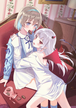 2girls :d absurdres blue_cardigan blue_eyes blush brown_hair candy cardigan chocolate chocolate_heart collared_dress commentary_request couch demon_girl demon_horns demon_tail demon_wings dress feet_out_of_frame food food_in_mouth grey_hair hair_between_eyes ham3c hand_on_another's_shoulder heart heart-shaped_food highres horns indoors lamp long_hair long_sleeves multiple_girls open_cardigan open_clothes open_mouth original pointy_ears red_eyes short_dress short_hair sidelocks sitting smile tail valentine vertical-striped_wall wings yuri