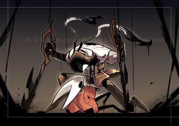 Rule 34 | 1girl, 1other, absurdres, arthropod girl, arthropod limbs, black skin, cloak, colored skin, commentary, crying, crying with eyes open, dual wielding, face-to-face, highres, holding, hollow knight, hollow knight: silksong, horned mask, hornet (hollow knight), horns, looking at another, looking down, looking up, mask, on ground, planted, planted sword, planted weapon, possessed, rukan, second sentinel (hollow knight), sword, symbol-only commentary, tears, tendril, watermark, weapon, white cloak, white eyes, white mask