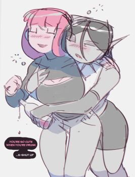 2girls absurdres adventure_time black_hair black_shirt black_skirt blush cleavage_cutout clothing_cutout collar colored_skin crew_neck eyewear_on_head fingernails grey_skin hair_between_eyes highres hug hug_from_behind long_hair long_sleeves marceline_abadeer multiple_girls open_mouth pants parted_lips pink_hair pink_skin pointy_ears princess_bonnibel_bubblegum shirt skirt sleeveless sleeveless_shirt smile spiked_collar spikes steemyart thighhighs white_pants white_shirt yuri