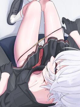 1girl absurdres black_gloves black_shirt black_skirt blue_archive blue_eyes breasts commentary_request erika_(blue_archive) from_above full_body gloves grin highres looking_at_viewer looking_back looking_up medium_hair miniskirt naughty_face necktie panties panty_pull pleated_skirt red_necktie seductive_smile shirt sitting skirt small_breasts smile solo tako_ita_rt teasing thighs underwear white_hair