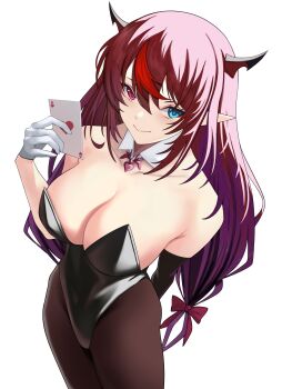 Rule 34 | 1girl, absurdres, ace (playing card), ace of hearts, bare shoulders, black horns, black leotard, black pantyhose, blue eyes, breasts, card, hashtag-only commentary, heart, heterochromia, highres, holding, holding card, hololive, hololive english, horns, irys (hololive), large breasts, leotard, multicolored hair, pantyhose, playing card, pointy ears, purple eyes, purple hair, red hair, si farid, simple background, solo, strapless, strapless leotard, two-tone hair, virtual youtuber, white background