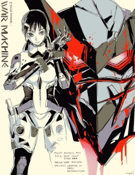 1girl black_eyes black_hair blood blood_on_armor blood_splatter bodysuit bracelet chainsaw_man commentary cowboy_shot english_commentary gloves hair_ornament hairclip highres jewelry machipachi1901 mecha mecha_pilot_suit medium_hair mitaka_asa putting_on_gloves red_eyes robot solo twintails weapon_name