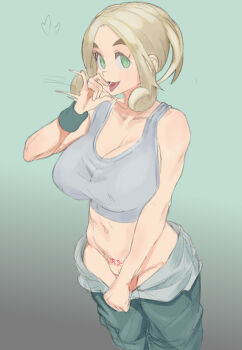 1girl blonde_hair breasts cleavage clothes_pull commentary cowboy_shot crop_top drowsykrid english_commentary fellatio_gesture green_eyes green_pants hand_up heart heart_tattoo large_breasts looking_at_viewer motion_lines navel nintendo no_panties open_mouth pants pants_pull pokemon pokemon_xy pubic_tattoo pulling_own_clothes shirt short_hair sketch sleeveless sleeveless_shirt smile solo tank_top tattoo tongue tongue_out viola_(pokemon) white_tank_top wristband