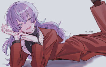 1boy black_shirt collared_shirt commentary_request feet_out_of_frame formal_clothes grey_eyes head_rest highres hoshirube_sho kumotsu_(9mo2) long_sleeves looking_at_viewer lying male_focus nijisanji on_stomach open_mouth purple_hair red_socks red_suit shadow shirt simple_background smile socks solo suit the_pose twitter_username virtual_youtuber white_background