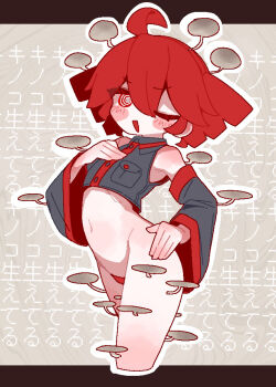 1girl ahoge banananosongen cowboy_shot cropped_shirt detached_sleeves drill_hair fungal_growth grey_shirt kasane_teto long_sleeves looking_at_viewer mushroom navel no_pants one_eye_closed open_mouth outline red_eyes red_hair shirt sleeveless sleeveless_shirt solo standing twin_drills utau white_outline wide_sleeves